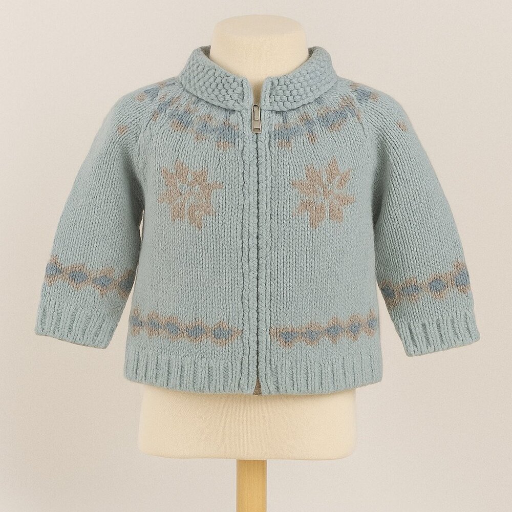 Vintage Baby GAP 2XL 2T Blue Wool Blend Knit Zip Sweater Fair Isle Snowflake